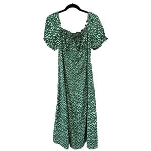 Cottagecore Floral Midi Dress 1X Green Milkmaid Smocked Puff Sleeve Coquette